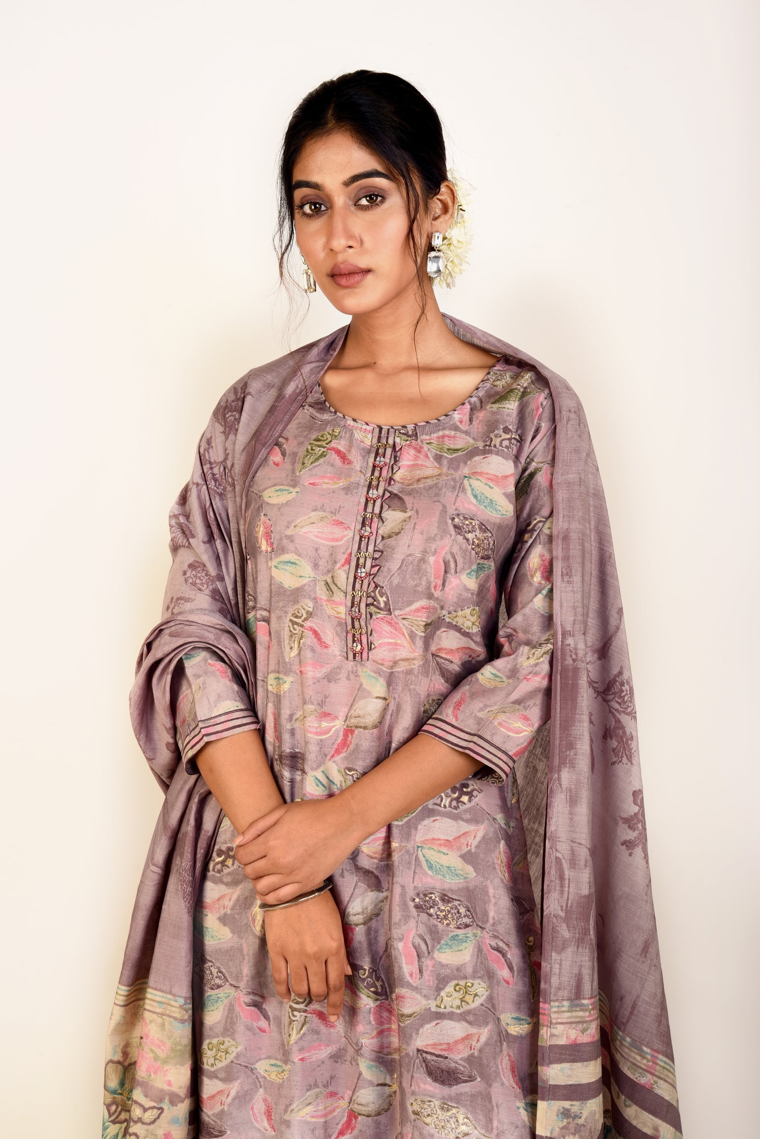 Soft Purple Muslin Silk Kurta set with Embroidery