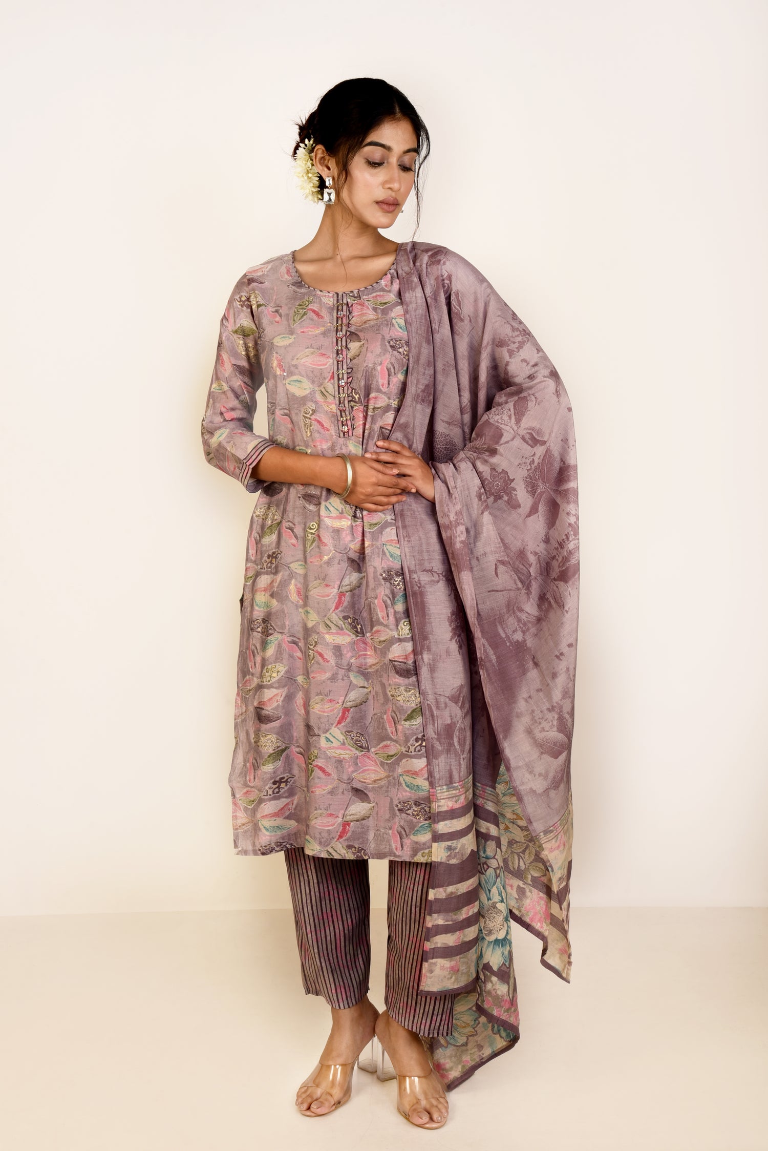 Soft Purple Muslin Silk Kurta set with Embroidery