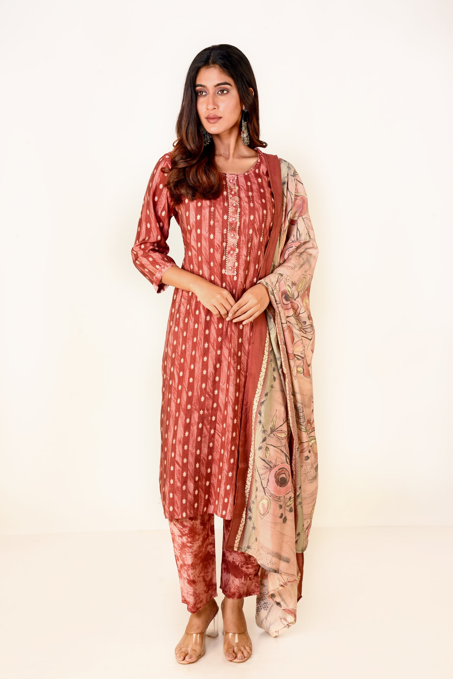 Charming Maroon Modal Satin Kurta set with Embroidery