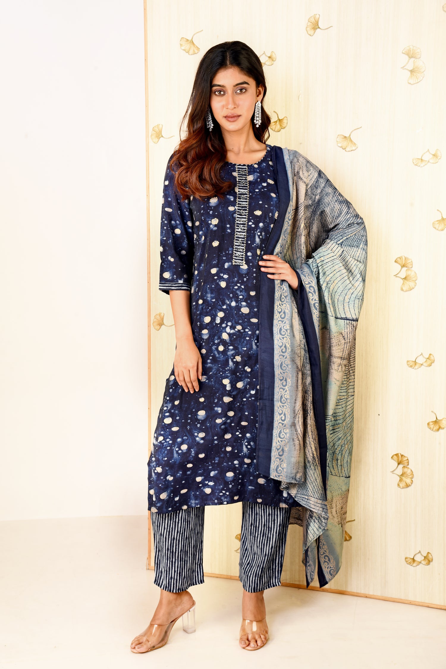 Chic Navy Blue Muslin Silk Kurta set with Embroidery