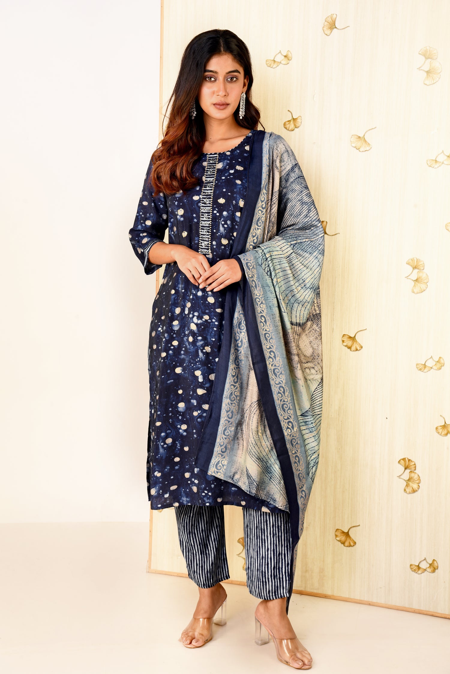 Chic Navy Blue Muslin Silk Kurta set with Embroidery