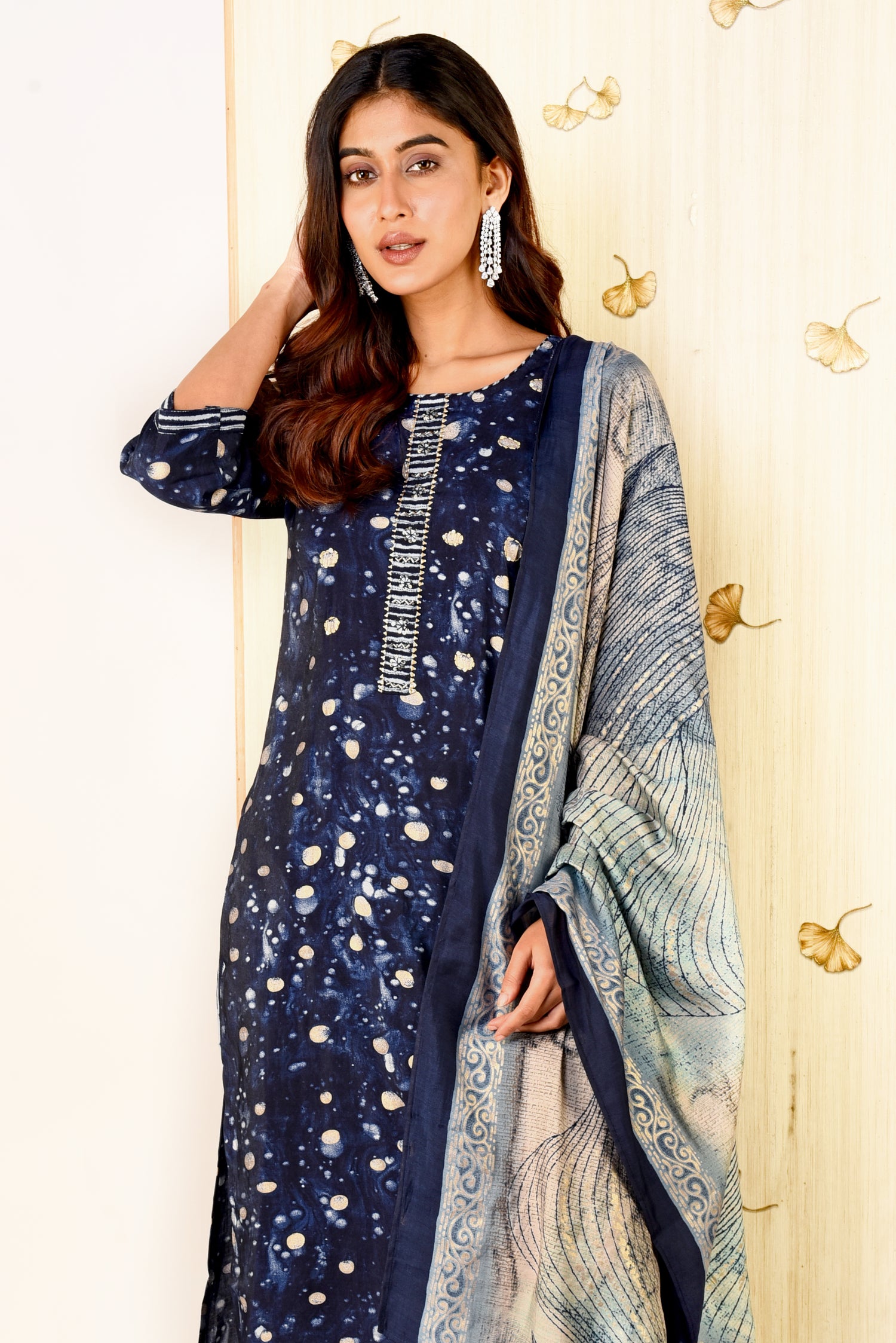 Chic Navy Blue Muslin Silk Kurta set with Embroidery