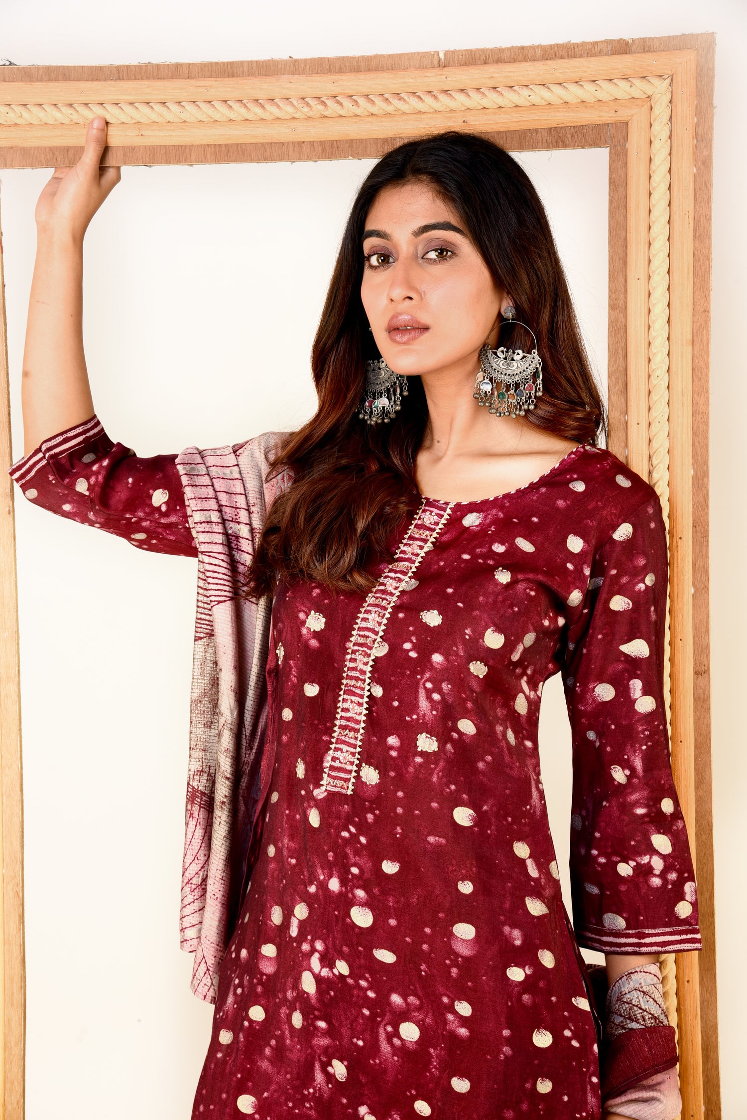 Ethereal Maroon Muslin Silk Kurta set with Embroidery