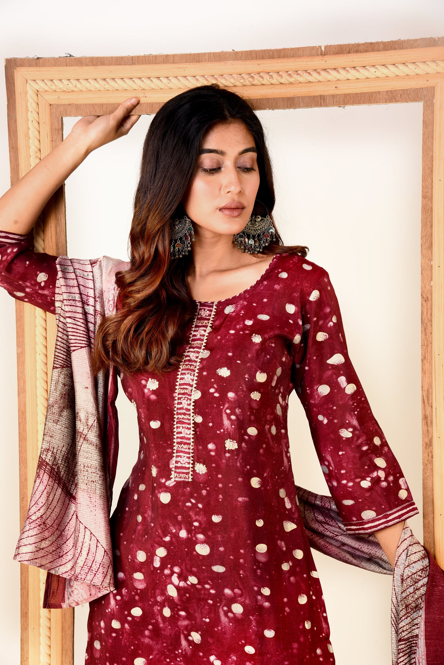 Ethereal Maroon Muslin Silk Kurta set with Embroidery