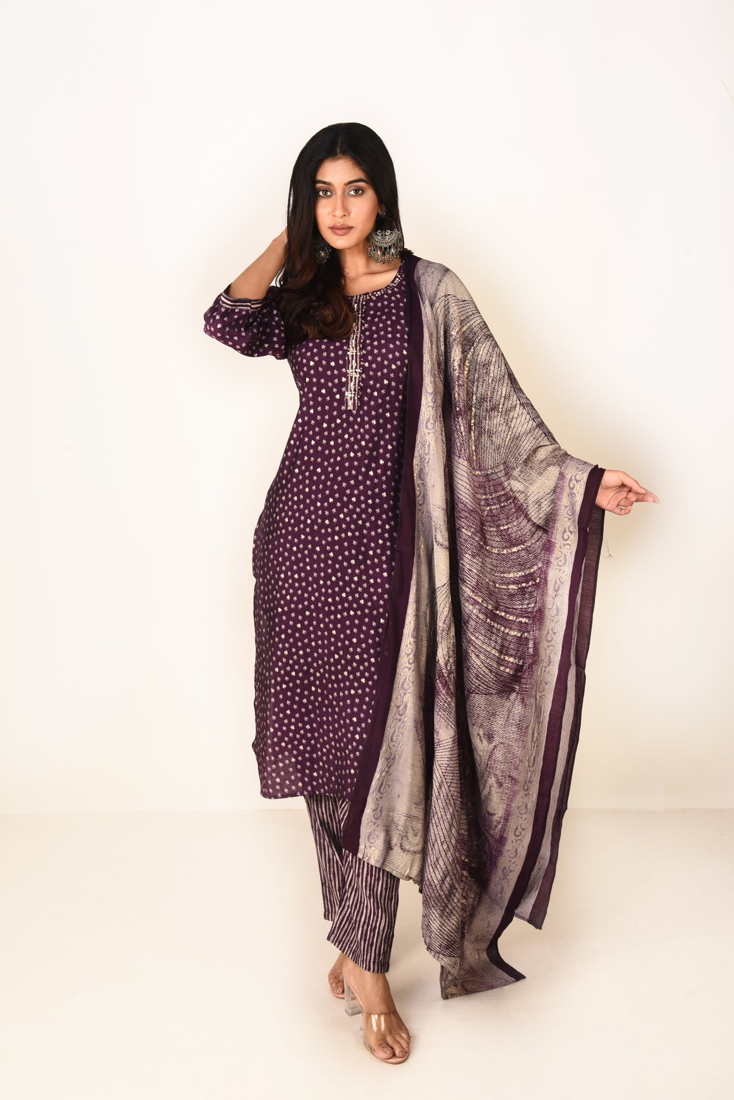 Royal Purple Modal Satin Kurta set with Embroidery