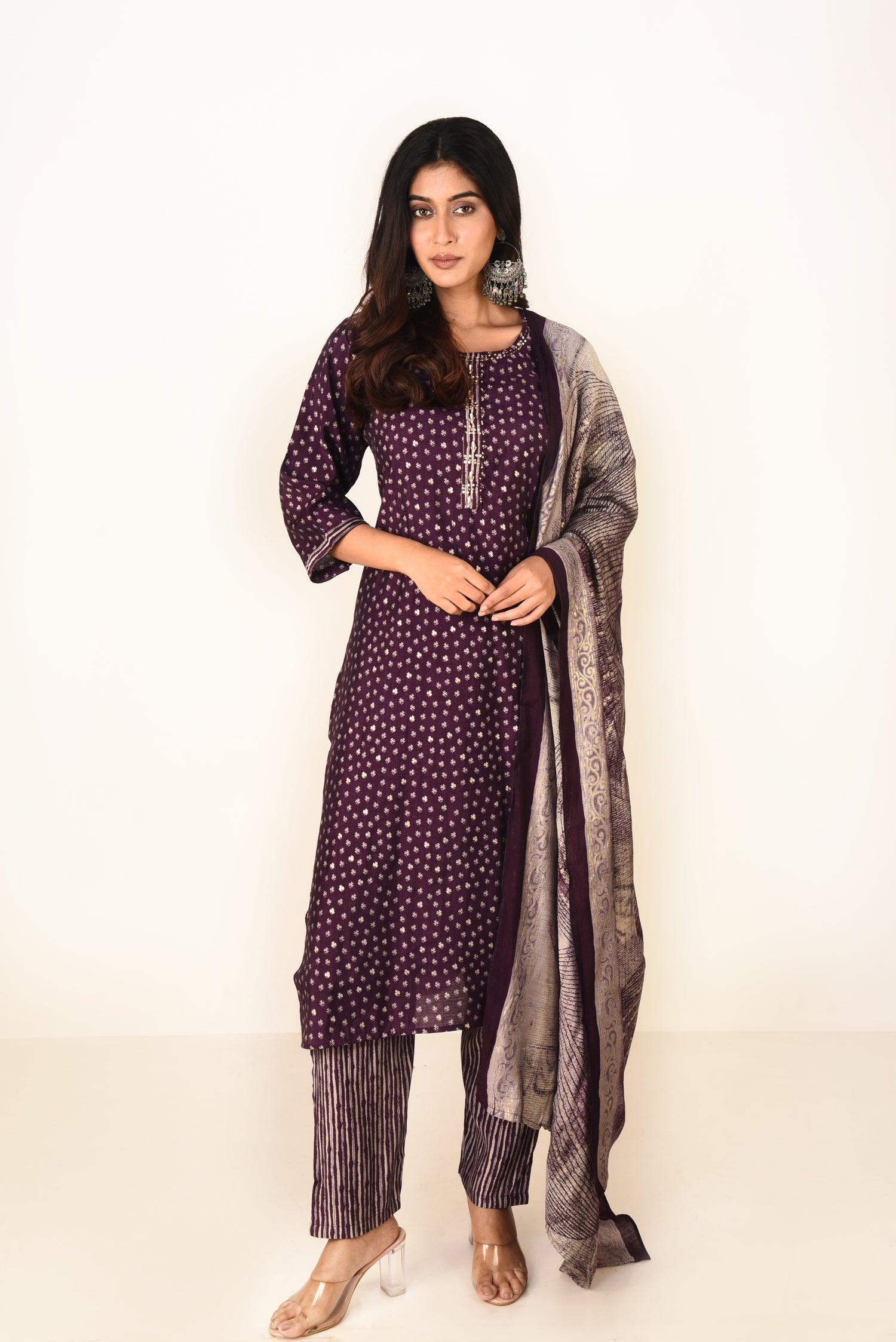 Royal Purple Modal Satin Kurta set with Embroidery