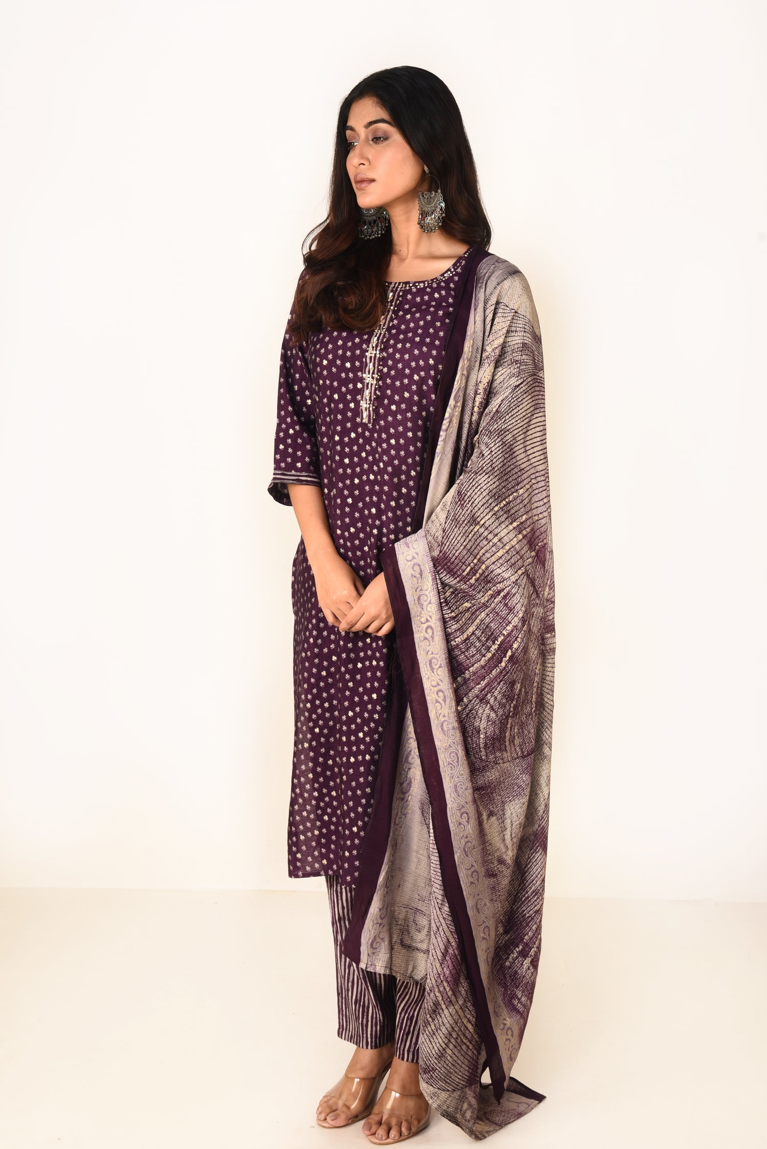 Royal Purple Modal Satin Kurta set with Embroidery