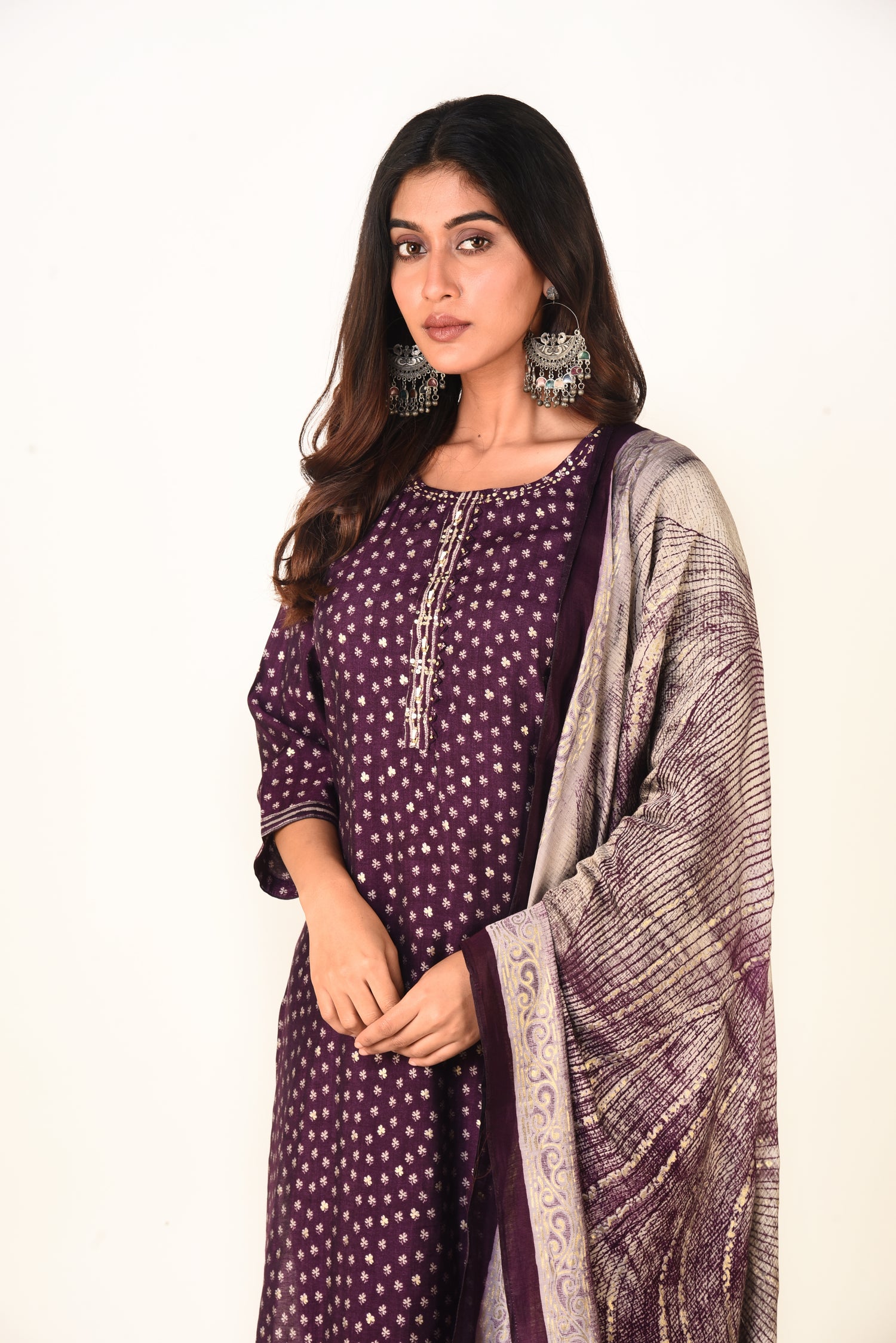 Royal Purple Modal Satin Kurta set with Embroidery