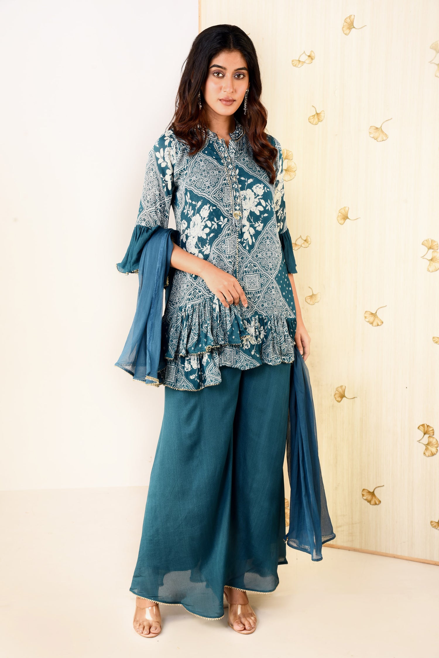 Oceanic Blue Printed Sharara set with Embroidery