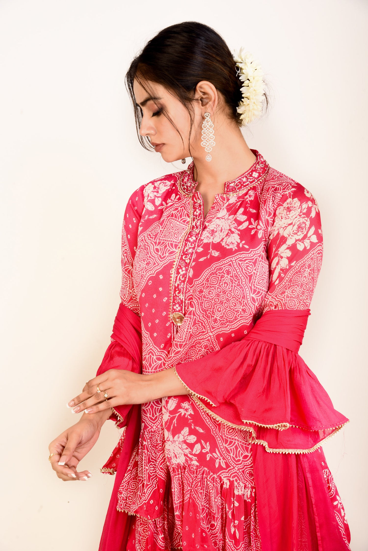 Hot Pink Printed Sharara set with Embroidery