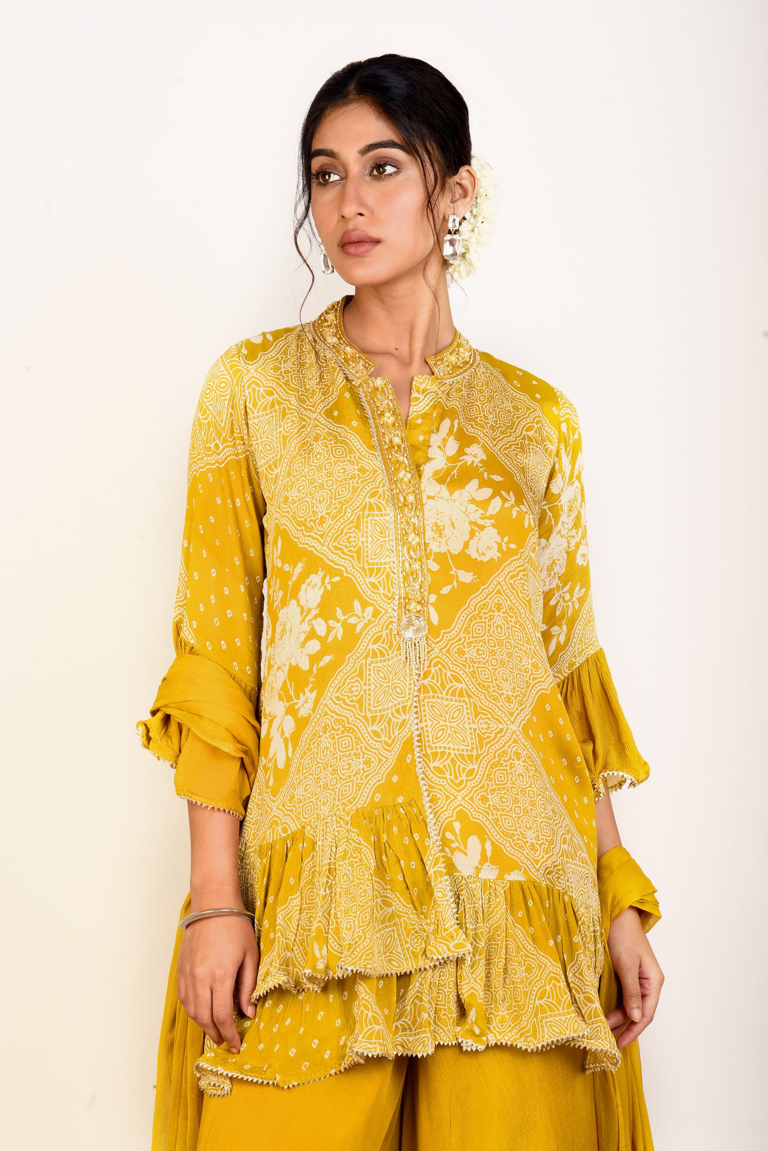 Sunshine Yellow  Printed Sharara set with Embroidery