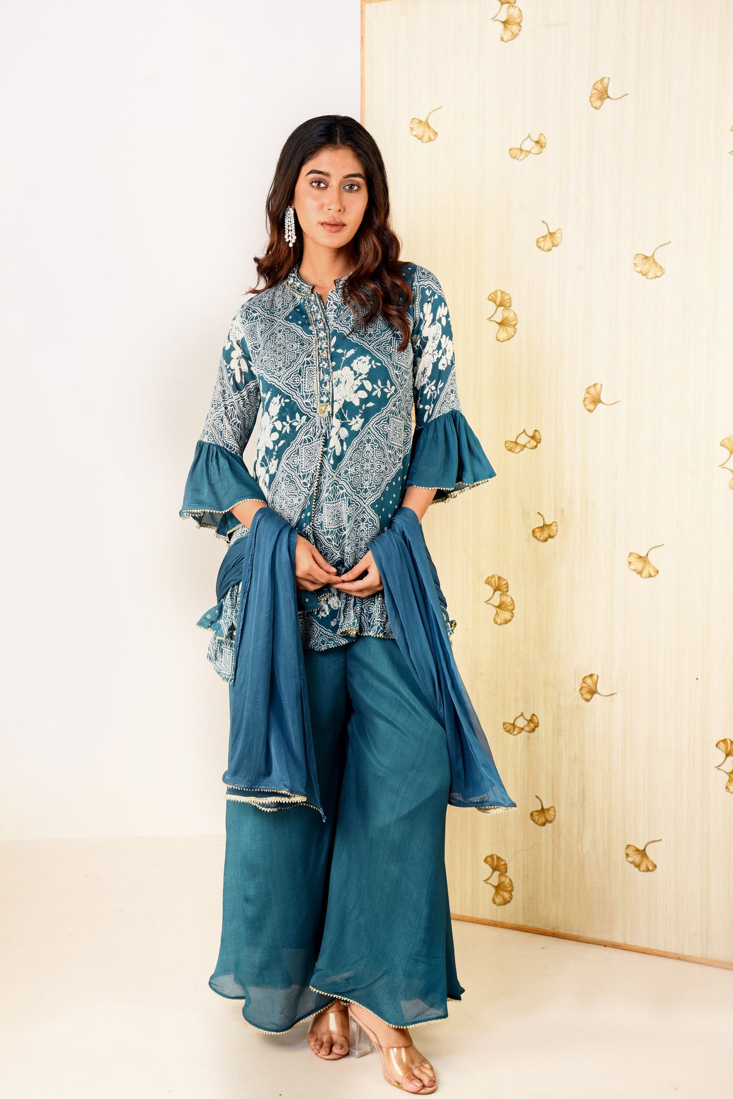 Oceanic Blue Printed Sharara set with Embroidery