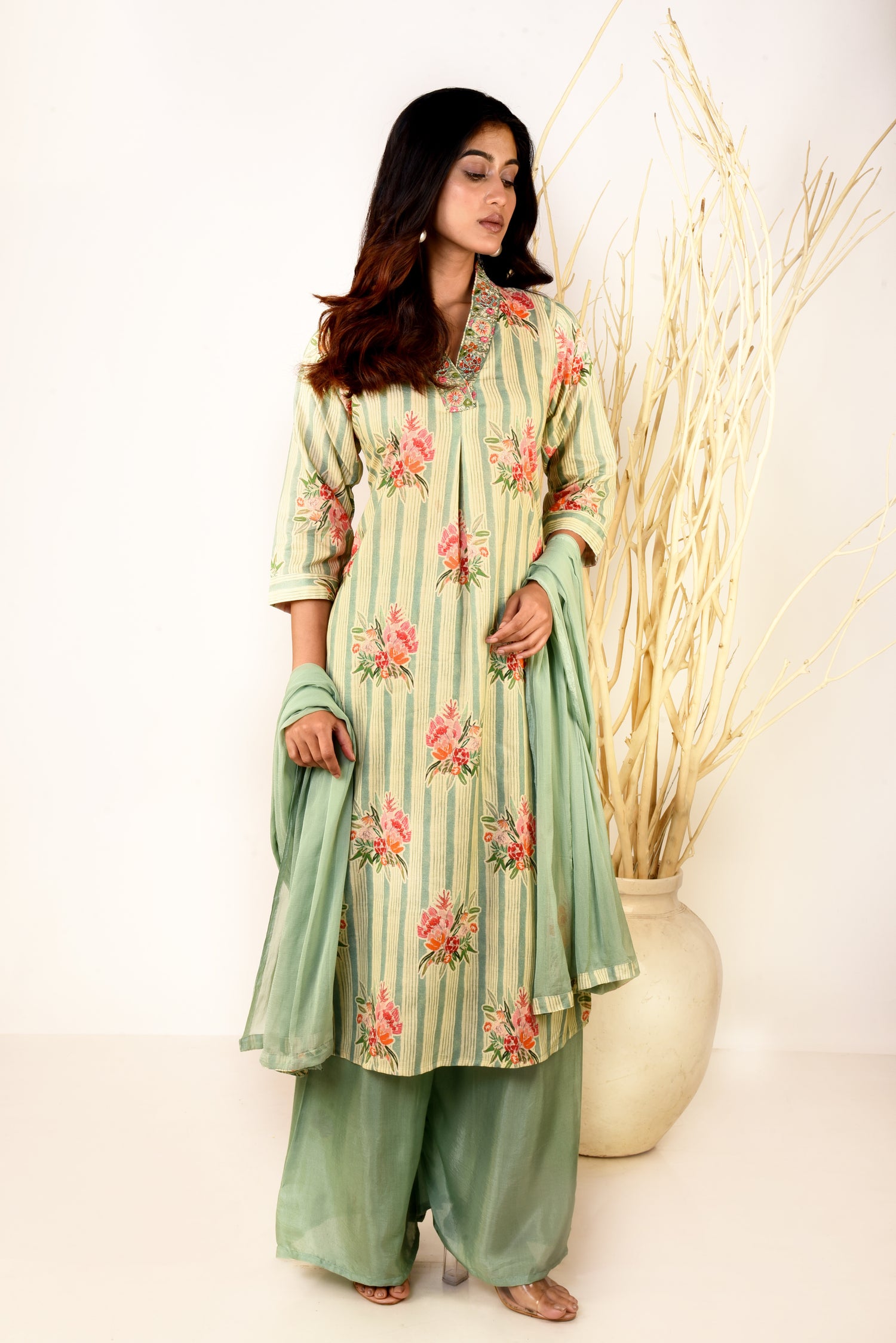 Radiant Green Rayon Printed Kurta set with Embroidery