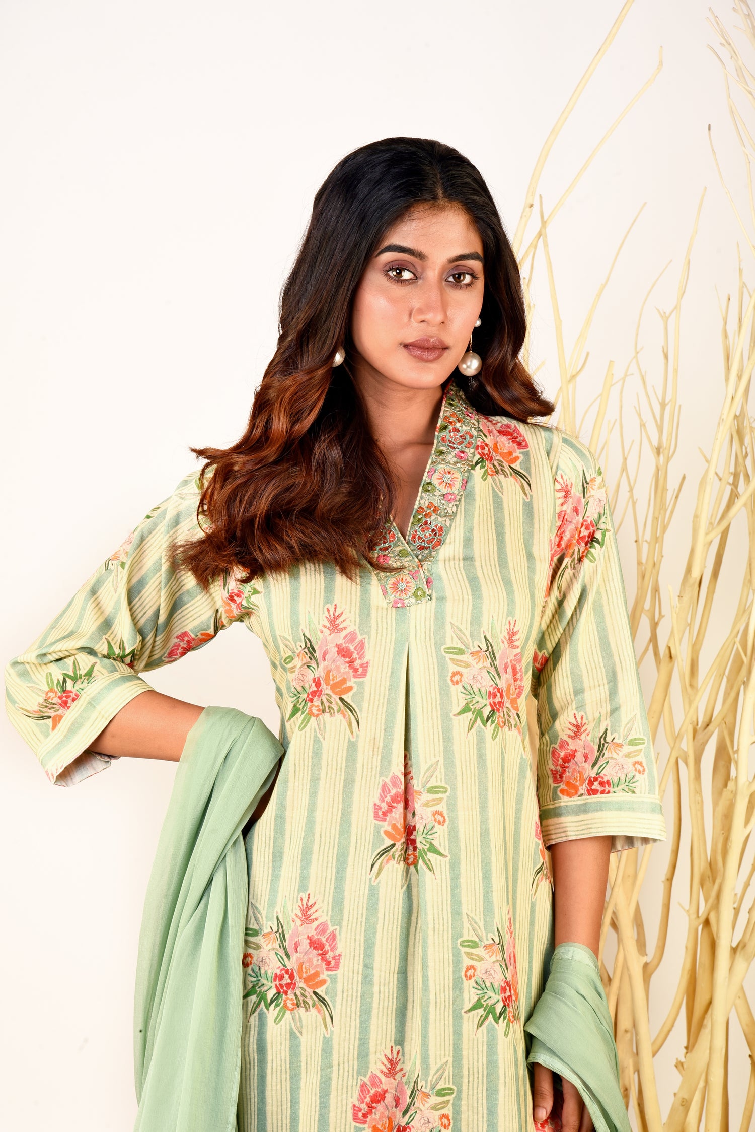 Radiant Green Rayon Printed Kurta set with Embroidery