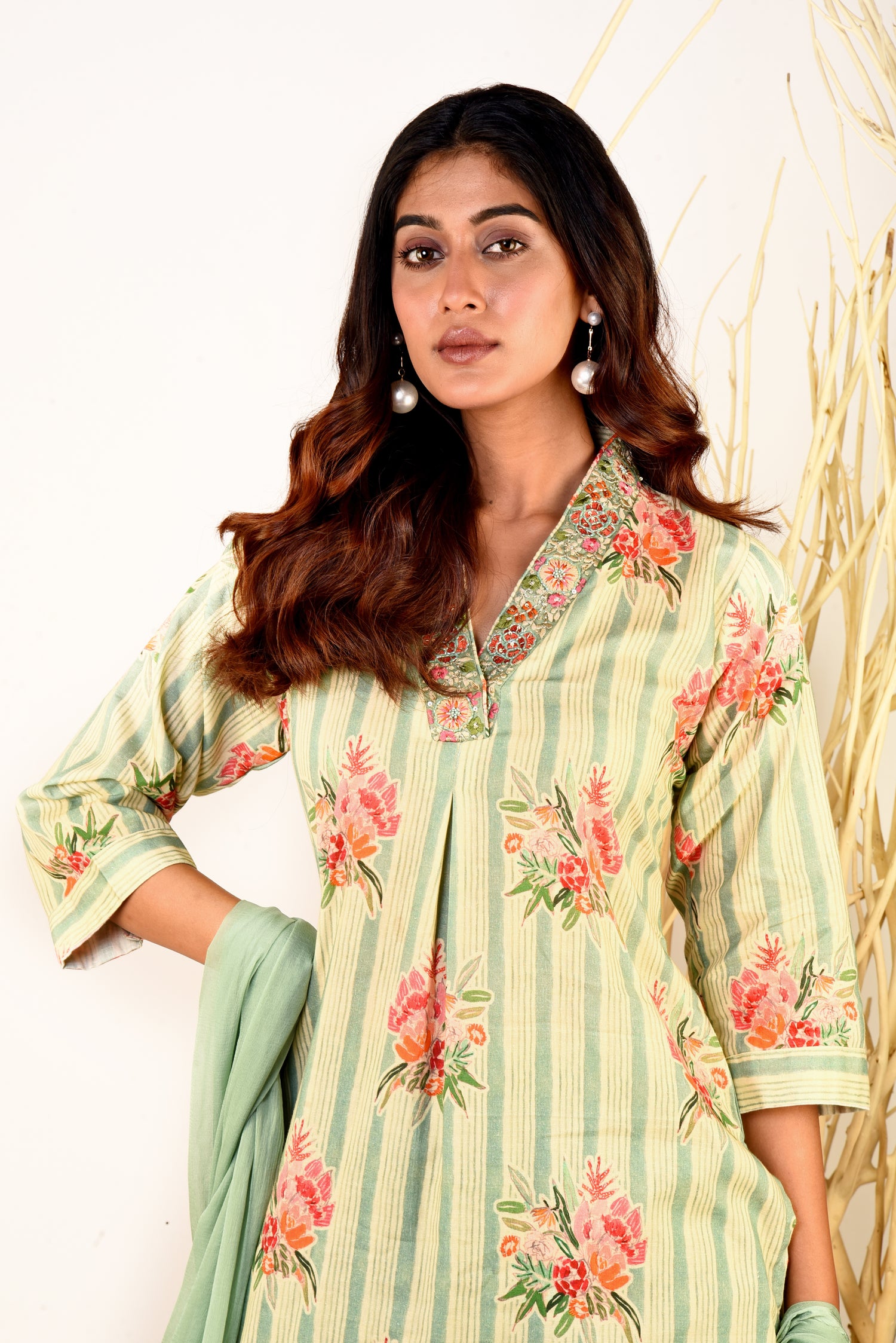 Radiant Green Rayon Printed Kurta set with Embroidery