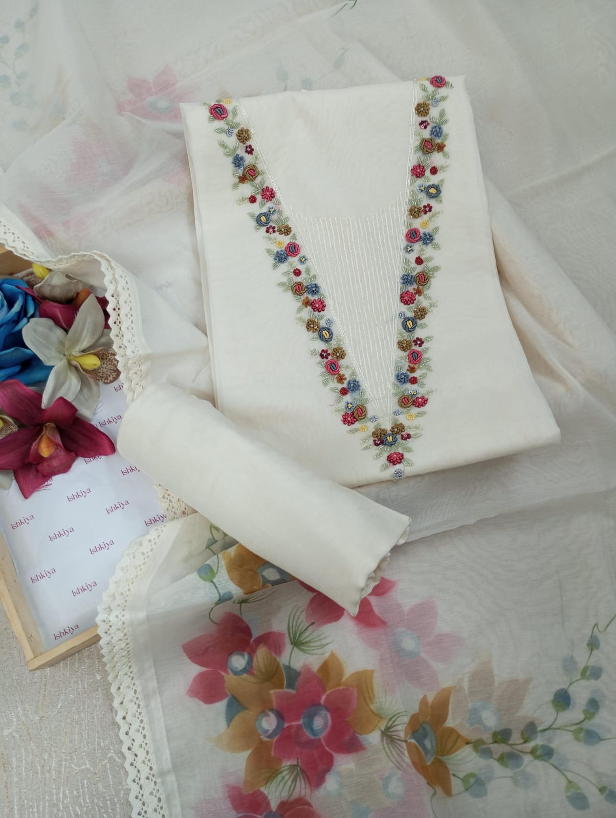 KIRAN-OFF WHITE MUL-CHANDERI SUIT SET