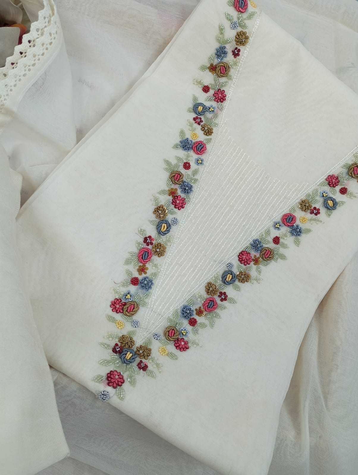 KIRAN-OFF WHITE MUL-CHANDERI SUIT SET