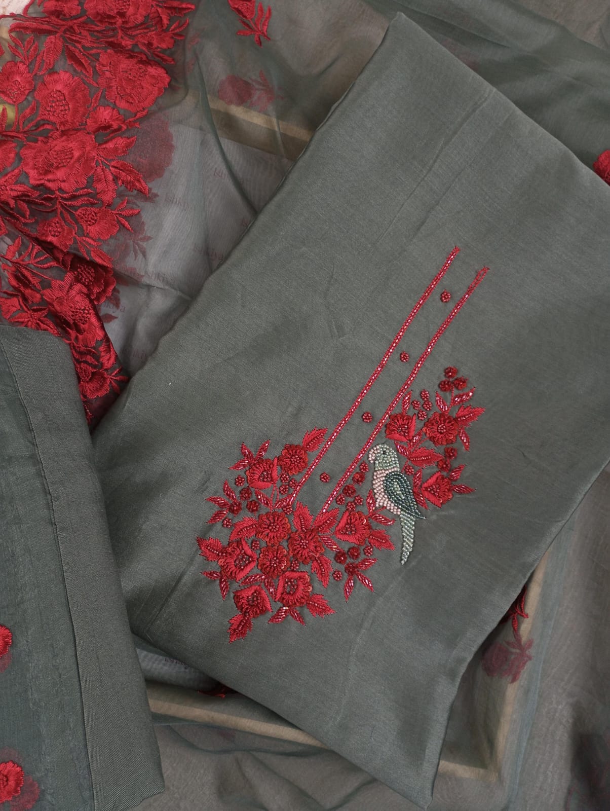 EHSAAS-GREEN MUL-CHANDERI SUIT SET