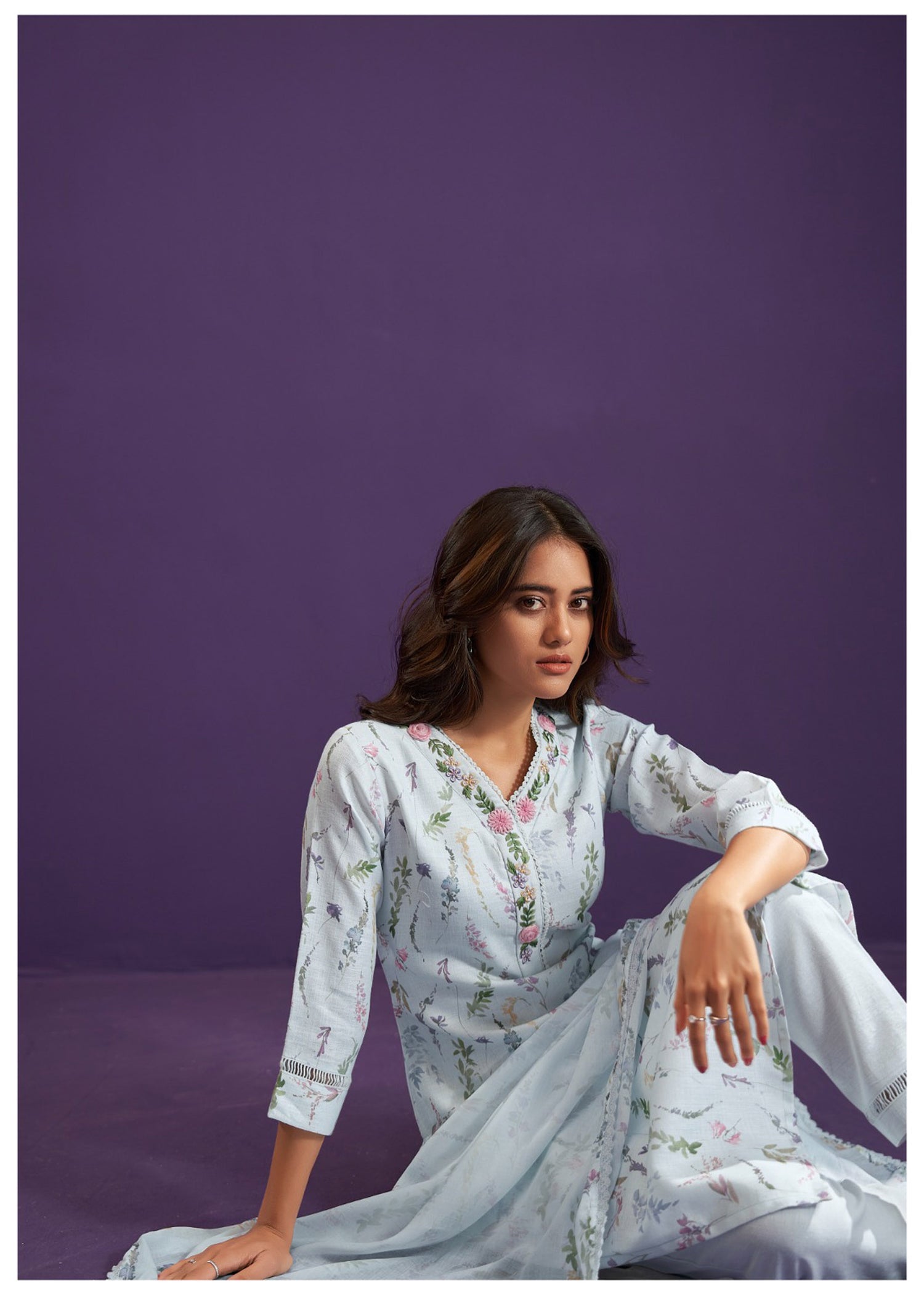 Blue Linen Cotton Printed Kurta Set