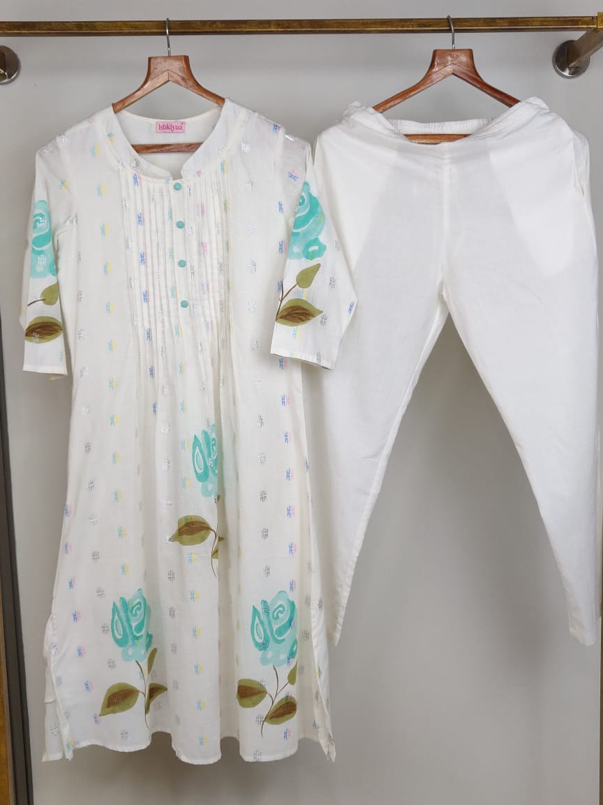 White Flower Loom Kurta Set